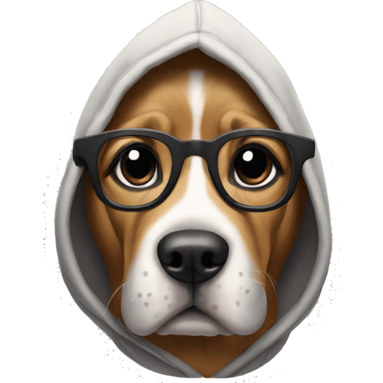 dog wearing hoodie raising one eyebrow with glasses emoji