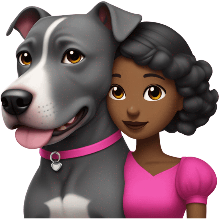 Black lady with black hair wearing hot pink dress hugging large gray pitbull with spiked pink collar emoji