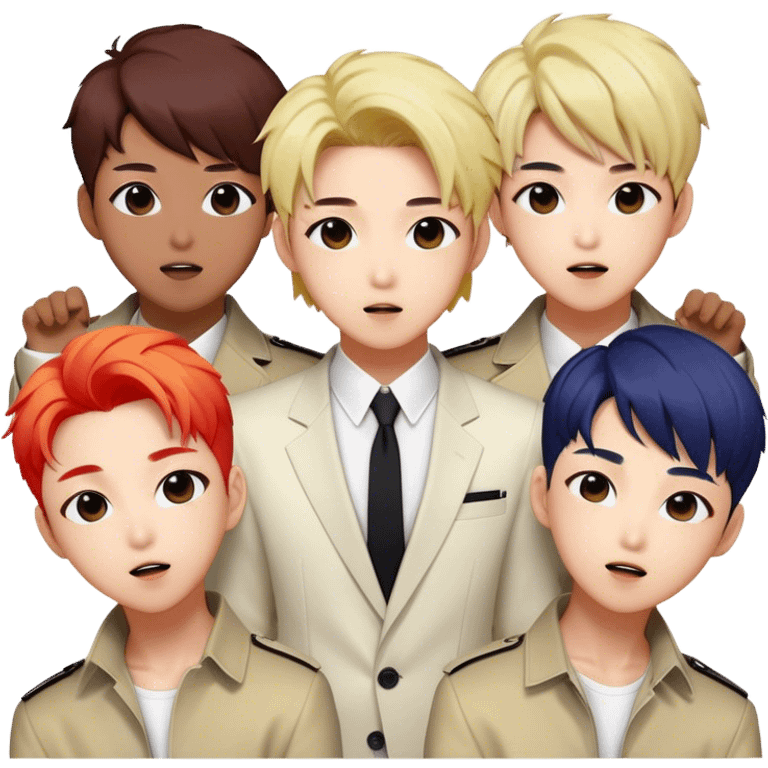 Cinematic Realistic BTS Portrait Emoji, depicted as a dynamic energetic portrayal of the global K-pop group with stylish modern attire and vibrant expressions, rendered with rich textures and bold contemporary lighting that captures their youthful charisma. emoji