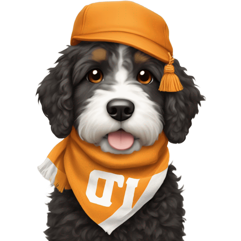 Bernedoodle with University of tennessee hat and scarf emoji