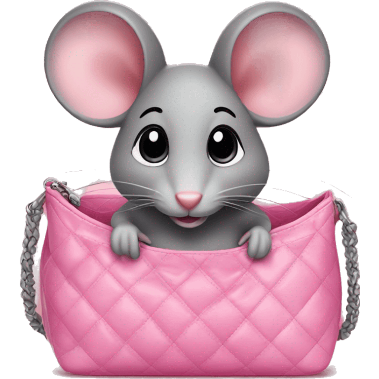 Cute Grey mouse is sitting in a pink chanel bag emoji