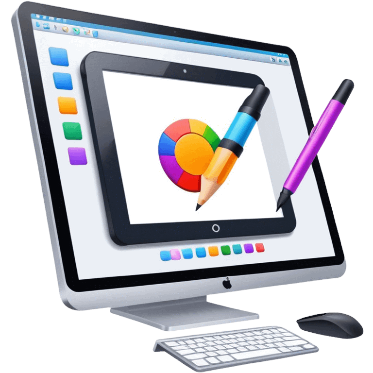 Computer graphics icon, large monitor with graphic design software open, graphic tablet, stylus, vibrant colors, minimalistic style, clean lines, transparent background. emoji