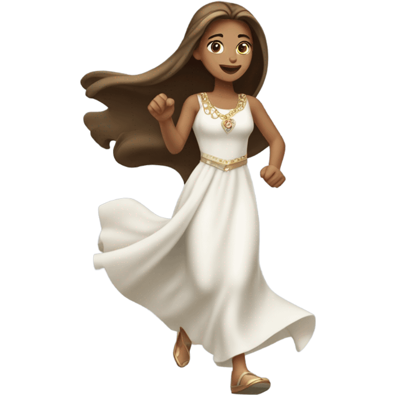 A princess with long brown straight hair and light skin running in a white dress with jewelry.  emoji