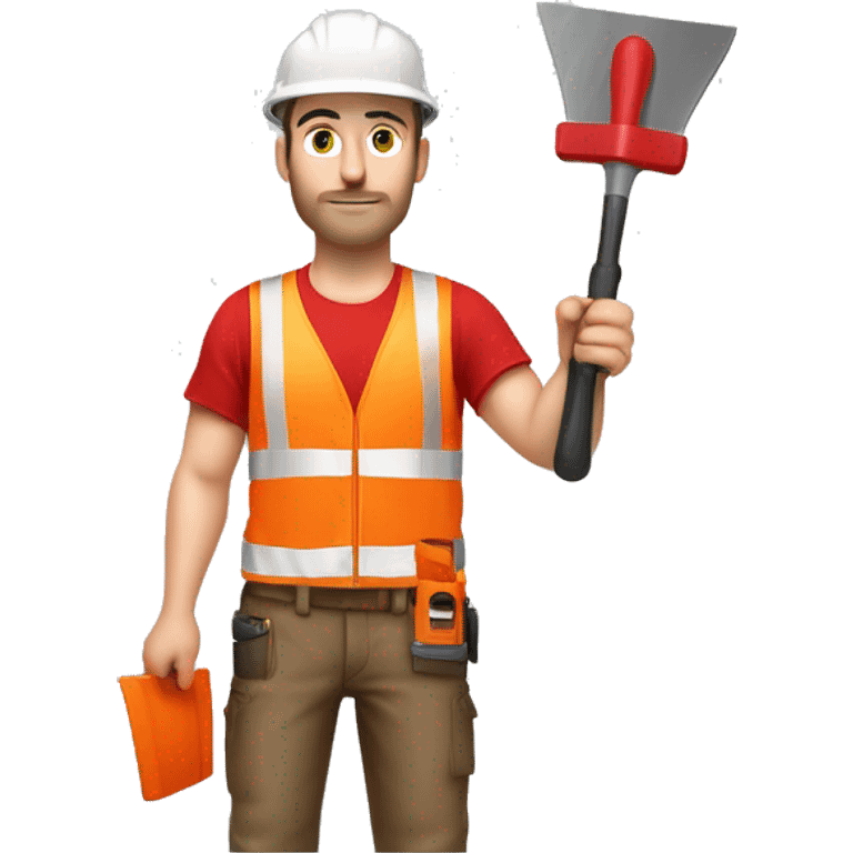 a caucasian construction worker from the chest up looking frontal, wearing a red hard hat and high-visibility vest, underneath he is wearing a red t-shirt, holding a gauging trowel emoji