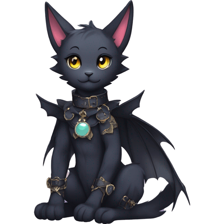 cool edgy beautiful pretty anthro godly colorful ethereal black fantasy elegant nargacuga-bat-cat-Fakemon wearing a collar, techwear punk style, full body emoji