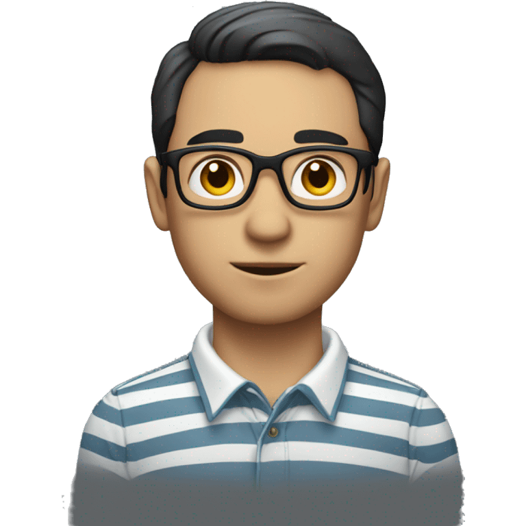 a man with short dark hair and glasses, wearing a striped shirt with a collar. The man is looking directly at the camera with a neutral expression. emoji