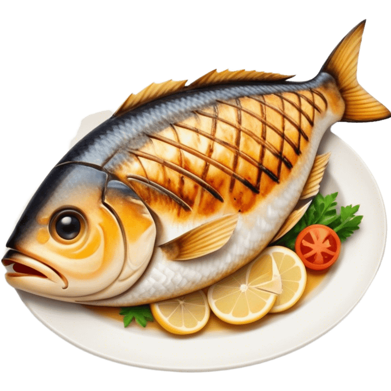 Gradele Cinematic Realistic Gradele Dish Emoji, depicted as 2 perfectly grilled fish with prominent grill marks and a smoky finish, rendered with vivid textures and dynamic, natural lighting. emoji