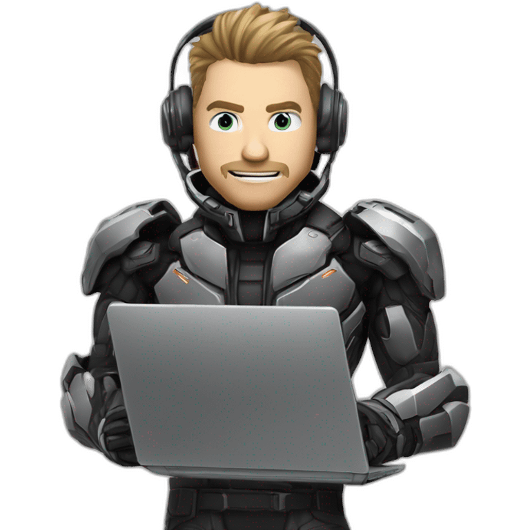 developer behind his laptop with this style : Crytek Crysis Video game with nanosuit character hacker themed character emoji