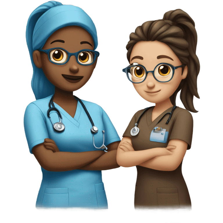 Best friend nurses in blue scrubs one has glasses with long hair in a pony tail, the other has long dark brown hair with freckles emoji