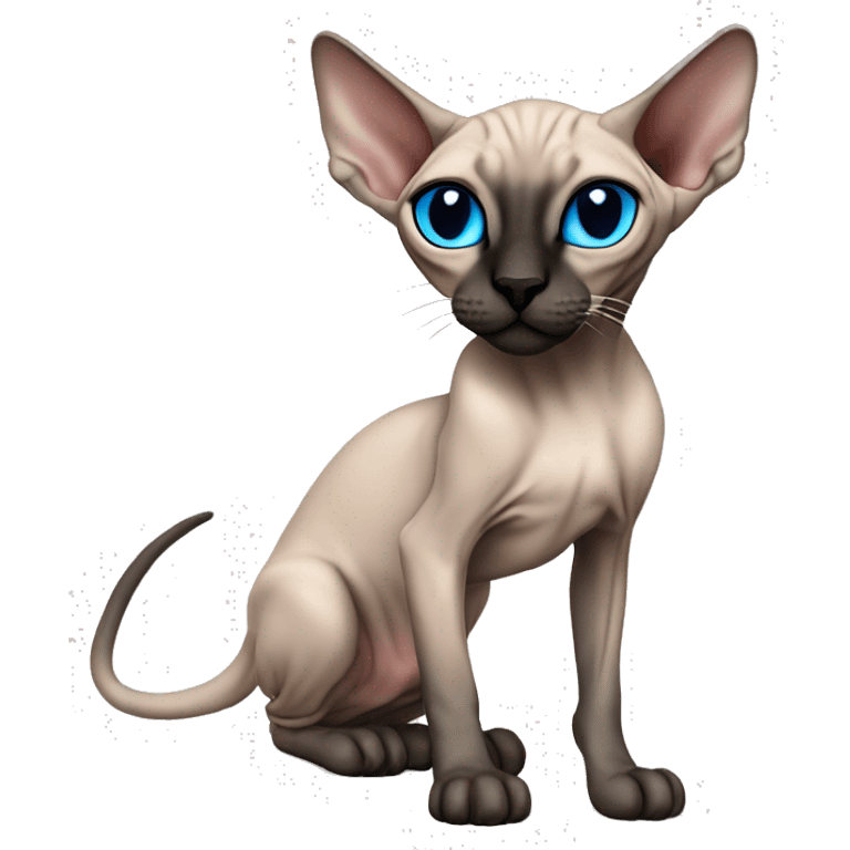 Siamese Sphynx Peterbald  cat with blue eyes, full thin body stand, black nose ears and tail emoji