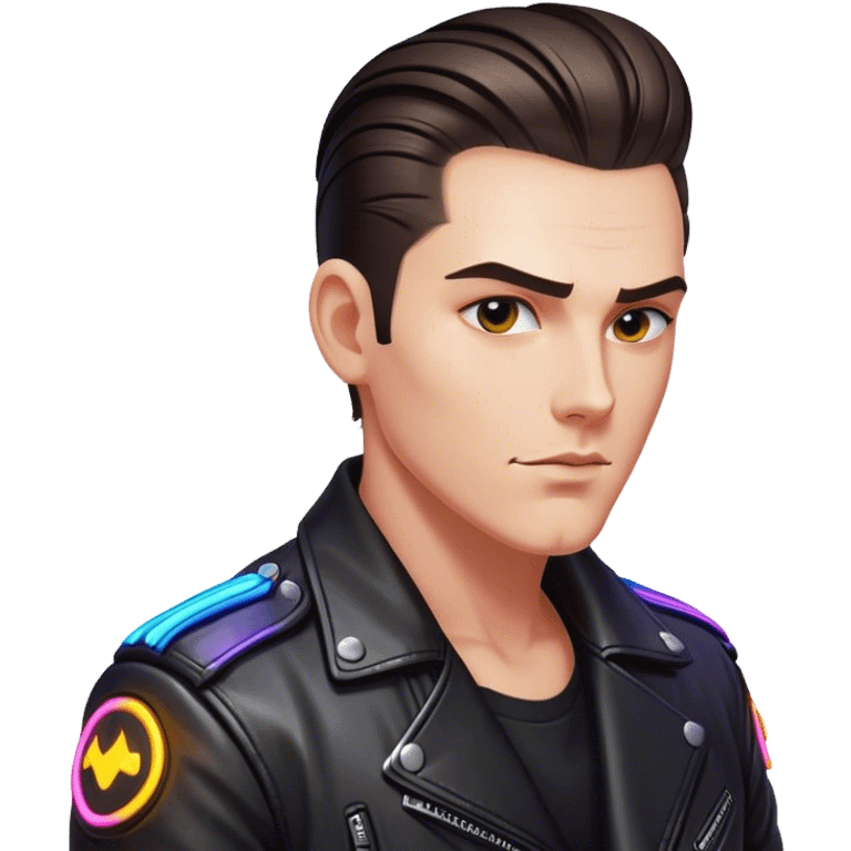 A lone biker with slicked-back hair, wearing a leather jacket, his face partially lit by neon lights emoji