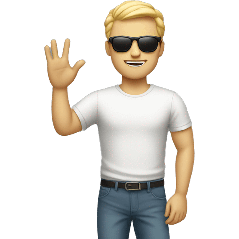 cool white man standing on scene in sunglasses and raising one hand emoji