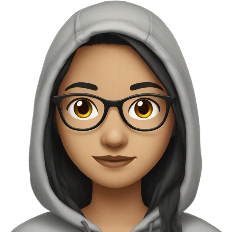 Pretty girl with light skin , Black long hair,big brown eyes,in a light grey hoodie,with a pair of black glasses  emoji