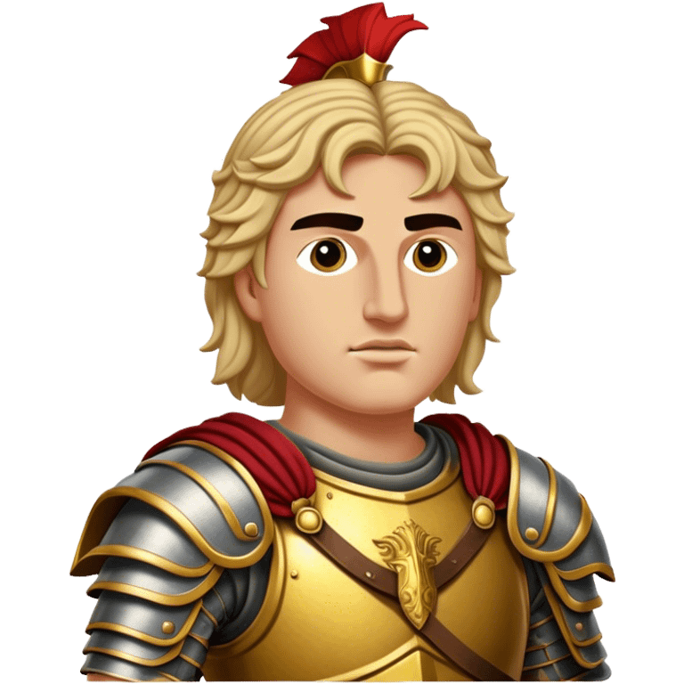 Cinematic Realistic Alexander the Great Portrait Emoji, depicted as a bold, charismatic ancient conqueror in regal armor with a commanding gaze, rendered with lifelike textures and dramatic heroic lighting that captures his legendary ambition. emoji