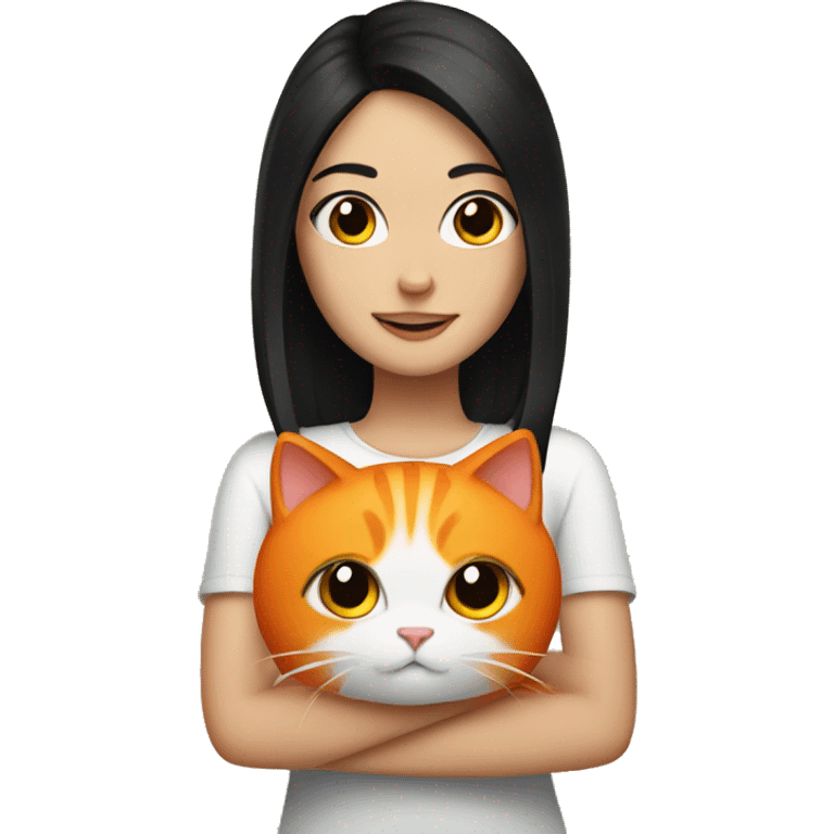 white girl with black hair holding a orange cat emoji