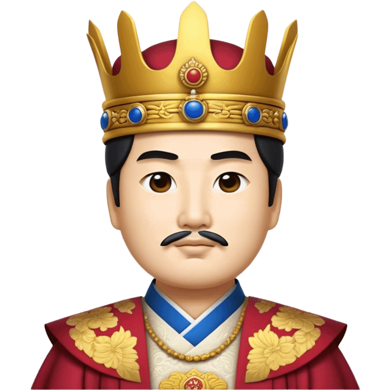 Cinematic Realistic King Sejong Portrait Emoji, depicted as a wise benevolent monarch in traditional Korean royal attire with a thoughtful gaze, rendered with intricate textures and regal soft lighting that captures his historical significance. emoji