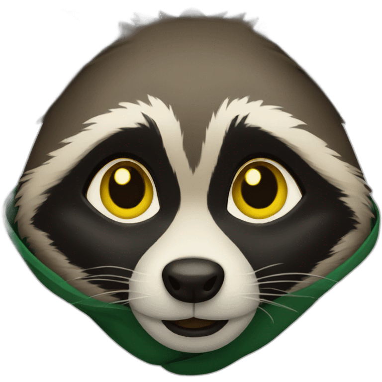 brown raccoon with yellow eyes and a dark green hood emoji