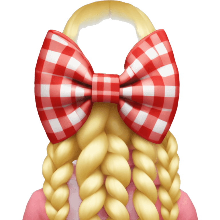 Red and white gingham hair bow in a close up of a blonde plait no human emoji