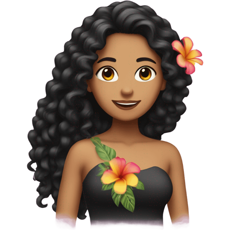 Latina girl with long curly black hair with a Hawaiian flower on the right side of the hair emoji