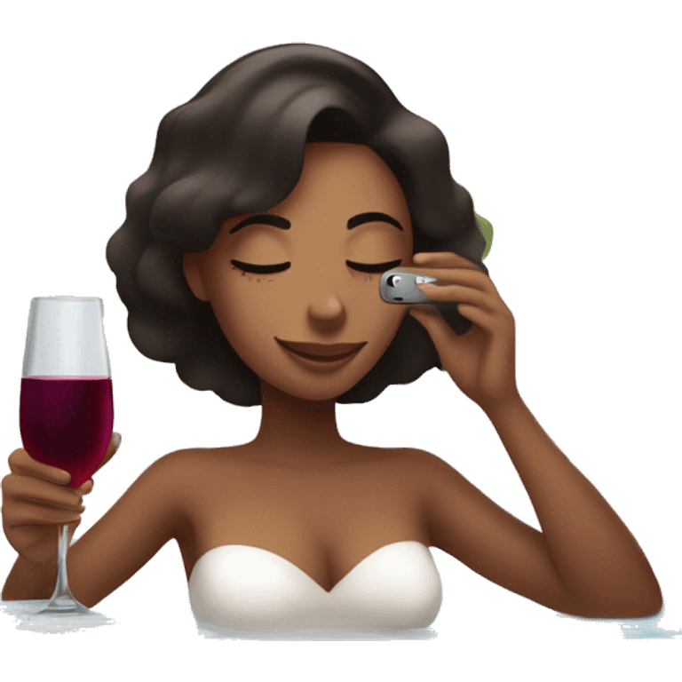 Girl relaxing in spa with iPhone in hand and wine next to her emoji