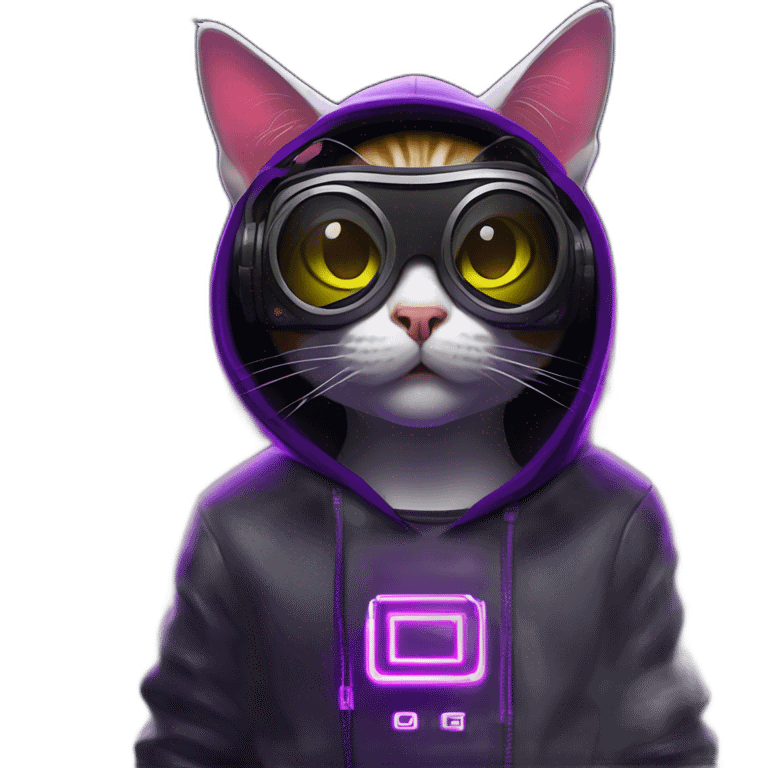 cat wearing a black hoodie with "OMG" letters on it and VR headset in a cyberpunk VR environment with violet neon lighting. emoji