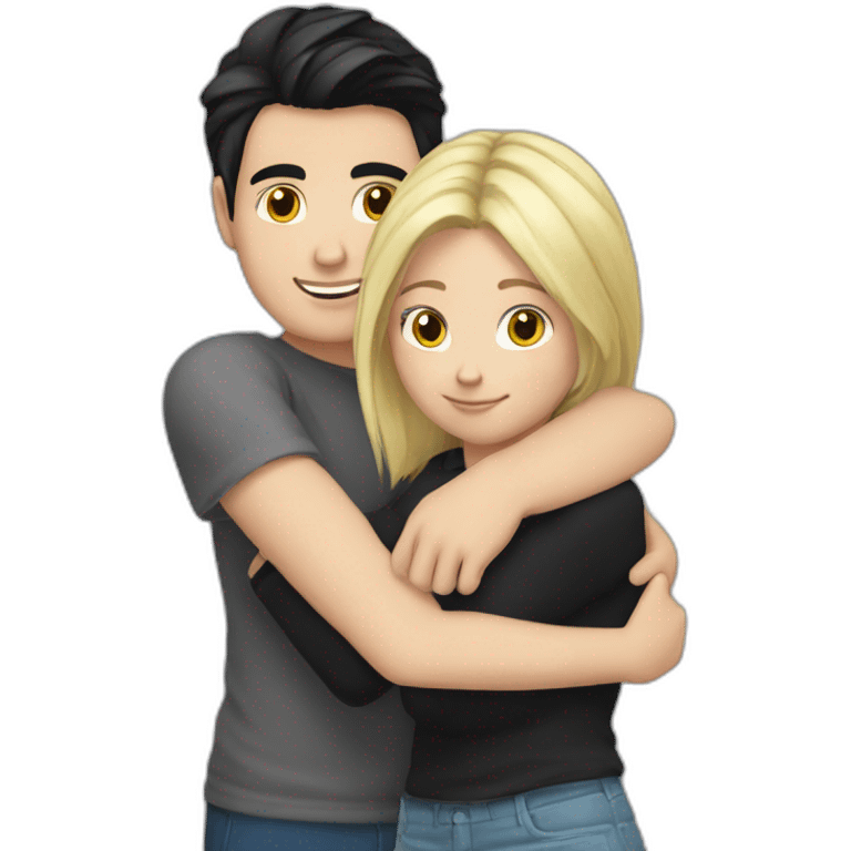 blond white girl hug white boy with black hair with pony-tail emoji