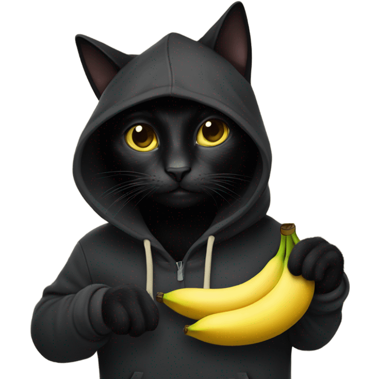 A black cat wearing a hoodie while holding a banana emoji