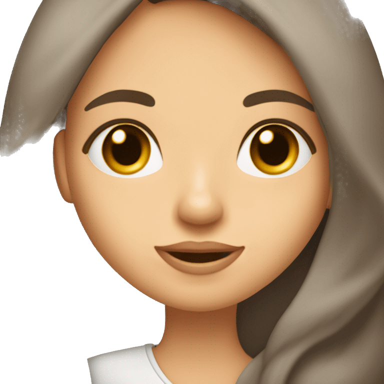 mujer blanca de ojos color almendra y cabello largo color marron oscuro. Ella tiene un lunar en la mejilla izquierda.con laptop en mano  emoji