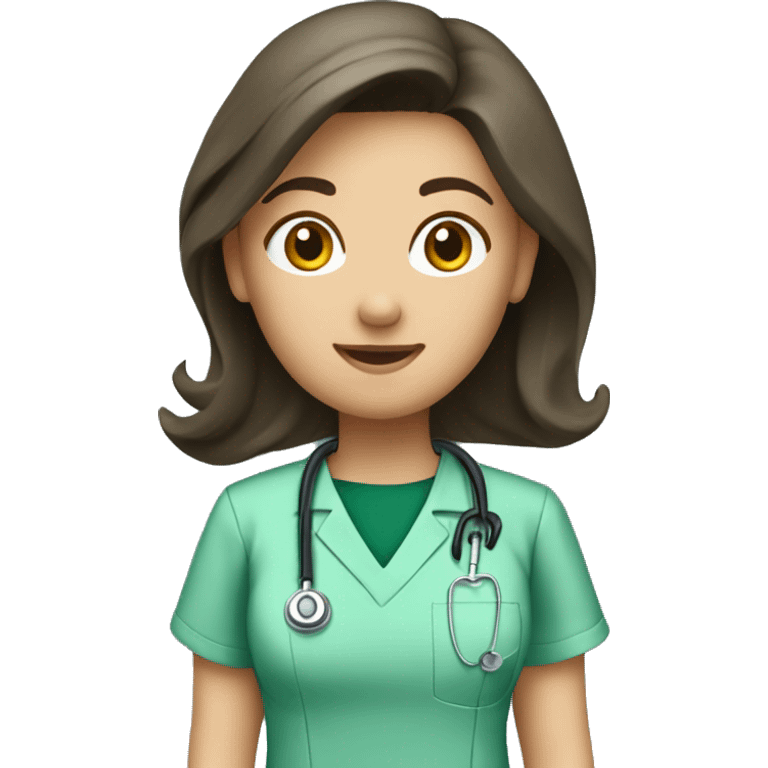 Brunette veterinary nurse. Bottle green scrubs emoji