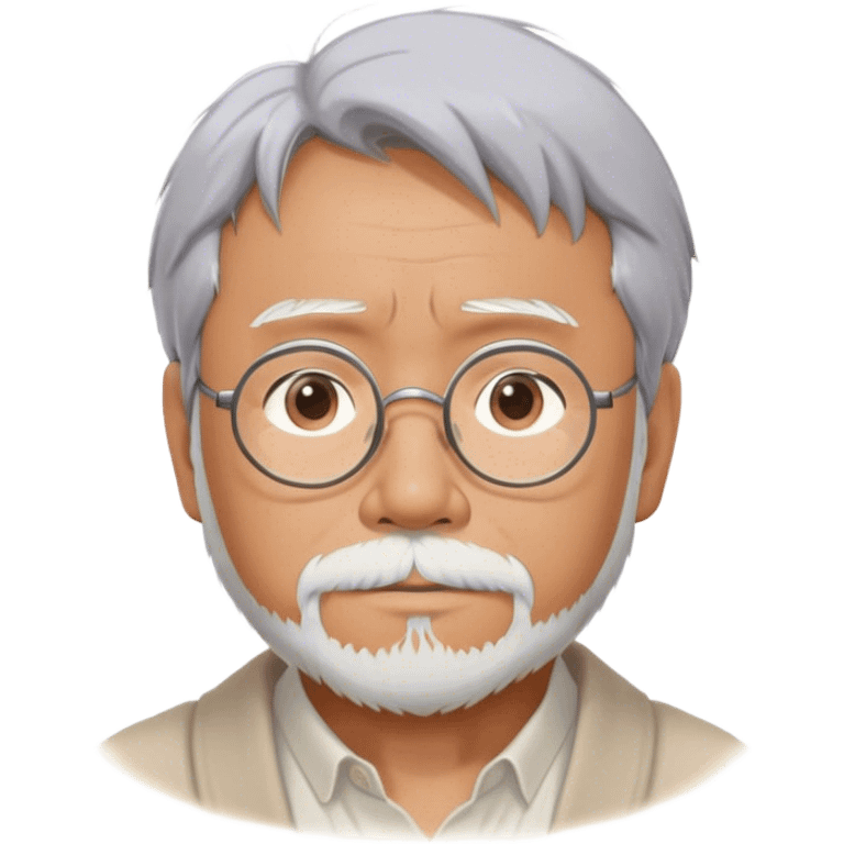 Cinematic Realistic Hayao Miyazaki Portrait Emoji, depicted as a visionary filmmaker with a gentle imaginative expression and artistic flair, rendered with delicate textures and soft enchanting lighting that captures his legendary storytelling. emoji