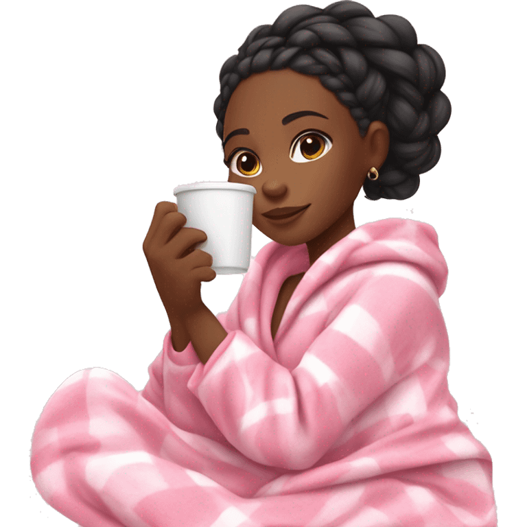 Black girl with goddess braids holding a cup of coffee while snuggling in a cozy pink blanket and cute pink and white pajamas  emoji