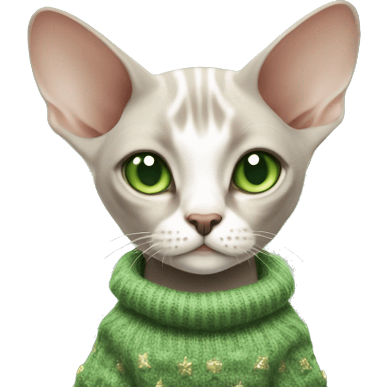 sphinx light cat with green eyes and in a New Year's sweater emoji