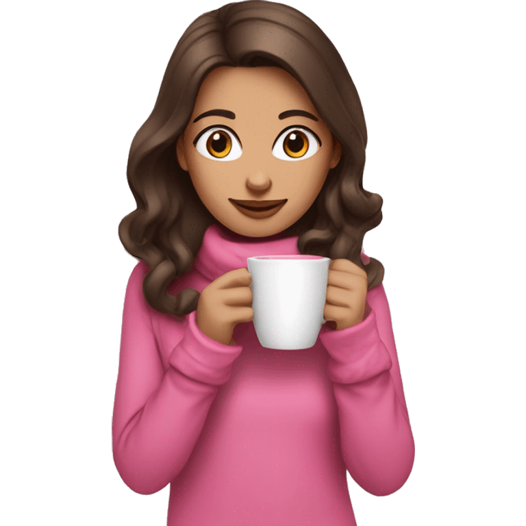 Brunette brown eyed girl sipping coffee in warm pink clothes and gloves emoji