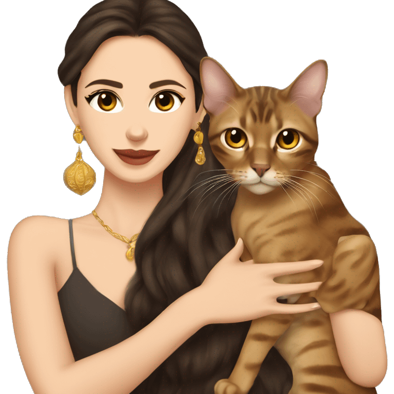 Beautiful skinny woman long dark brown hair in dark dress with gold earrings hug bengal cat emoji