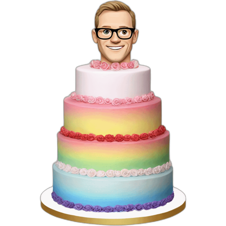 Jonathan Toews wearing glasses as a triple decker rainbow wedding cake with pastel roses emoji