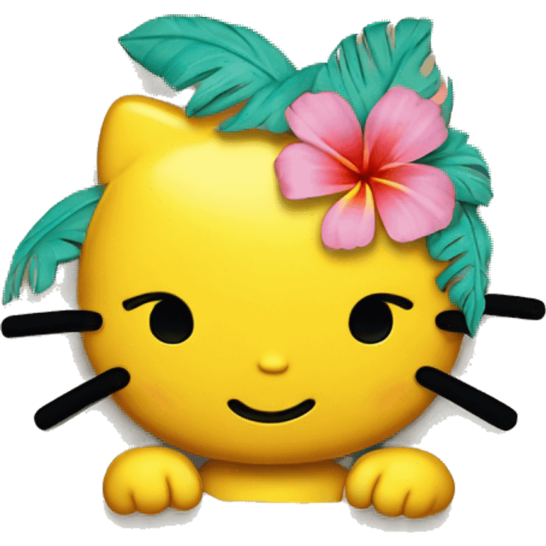 A yellow Hawaii hello kitty head that’s putting up a peace sign emoji