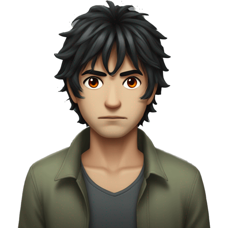 A man with messy black hair, long bangs covering his red right eye, and a gray-green left eye. His neutral expression, with a slight frown, gives off a serious, mysterious vibe. Full-body anime style, 8k realism emoji