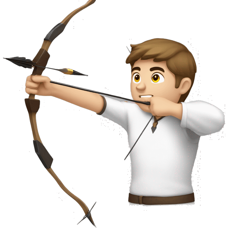 a male archer aiming with a bow looking and  aiming at his target, wearing a white shirt, very short brown hair, bright skin emoji