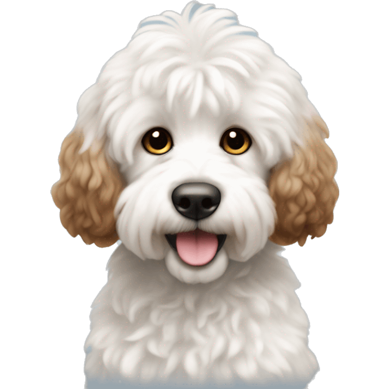 Fluffy white cockapoo with brown spot on bottom  emoji