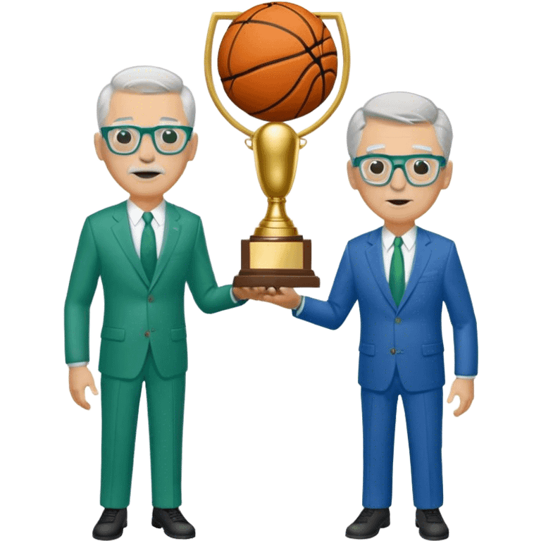 Full Body white  2 x male  wearing glasses with a goatee with light blonde and gray very short hair basketball head Coach in blue and green suit holding trophy emoji