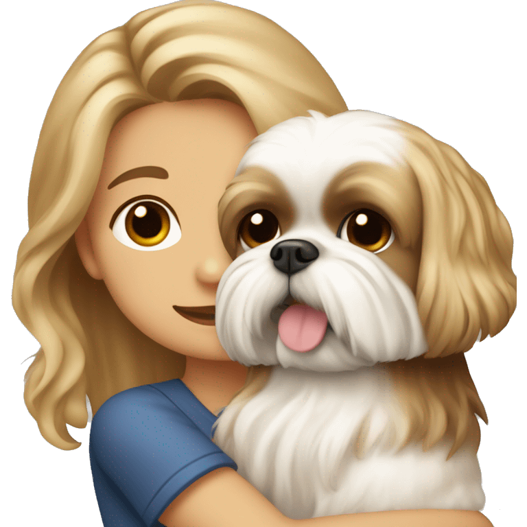 a girl with long, wavy brown hair hugging a Shih Tzu with blonde fur and a cute bow emoji