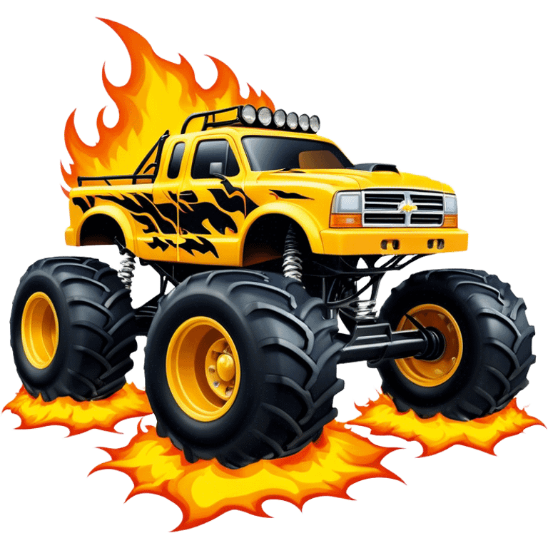 Maximum Destruction - Monster Jam (Model Year: 2021) (Iconic colour: Yellow with black flames) - A ferocious monster truck featuring a vivid yellow base accented by dramatic black flame patterns. Emphasize sharp, high-contrast flame streaks across the body, creating a look of aggressive, explosive energy. emoji