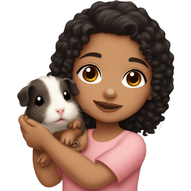 Little light skin girl with black curly hair holding a light brown Guinea pig emoji