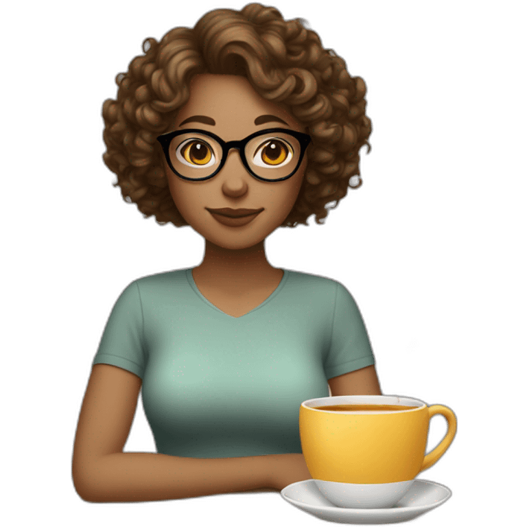 woman with curly short hair brown light skin and round glasses drinking tea emoji