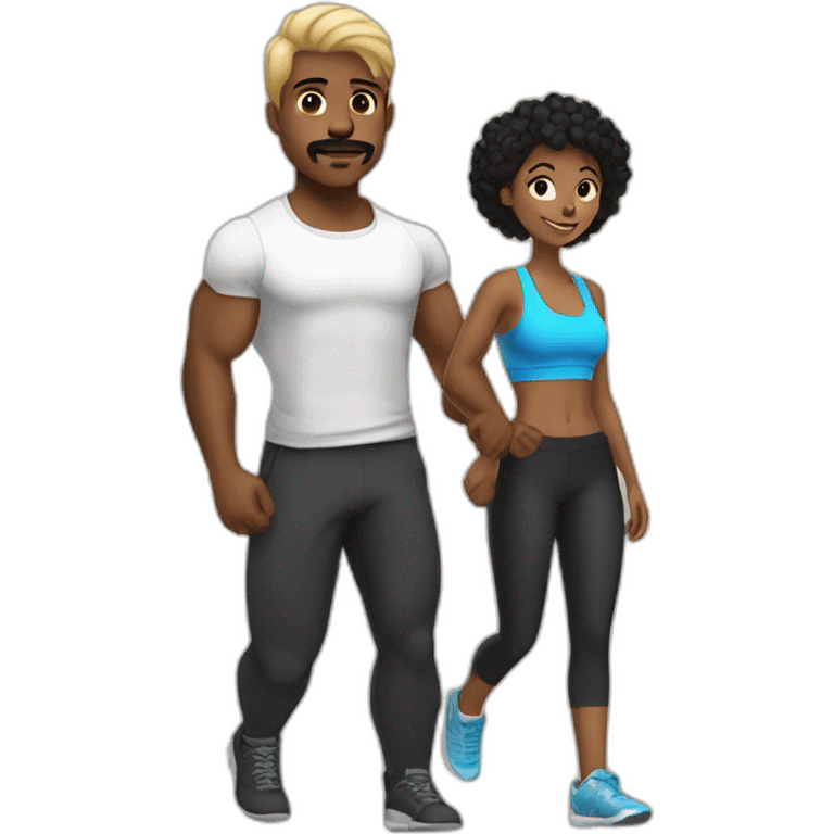 Black guy with black hair and mustache and blonde girl going to the gym emoji