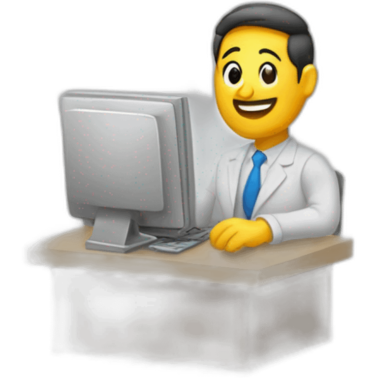 dueño de negocio hablando con clientes y una computadora emoji