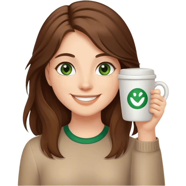 Long, Brown haired girl with middle hair part, with green eyes, smiling, waving with one hand, coffee mug in the other emoji