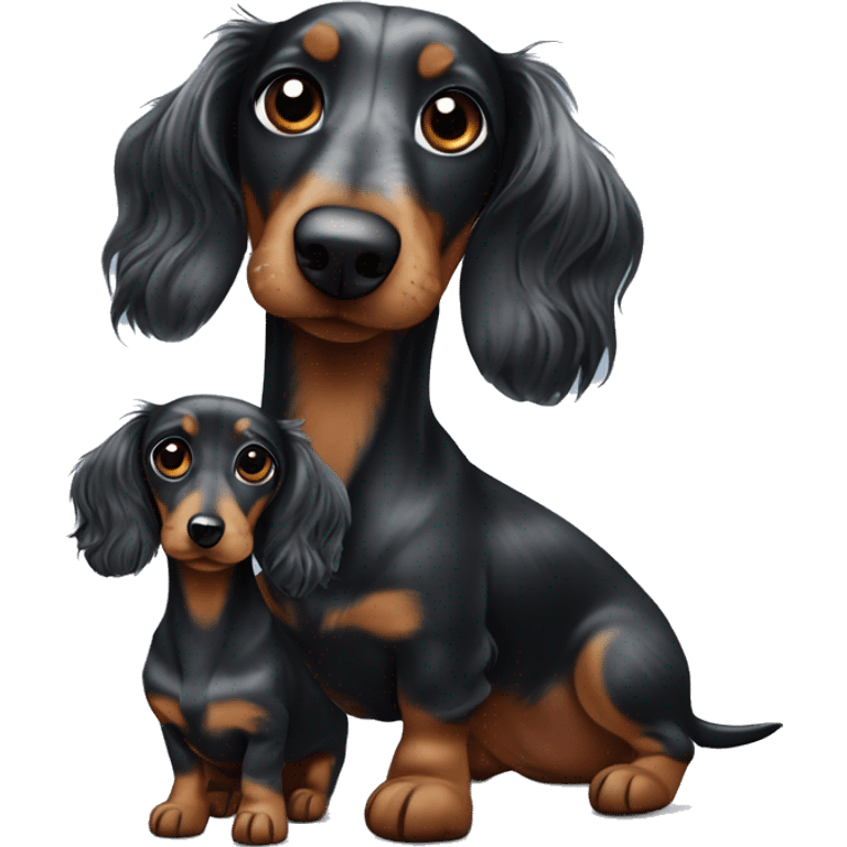 Long-haired black merle dachshund with small one  emoji