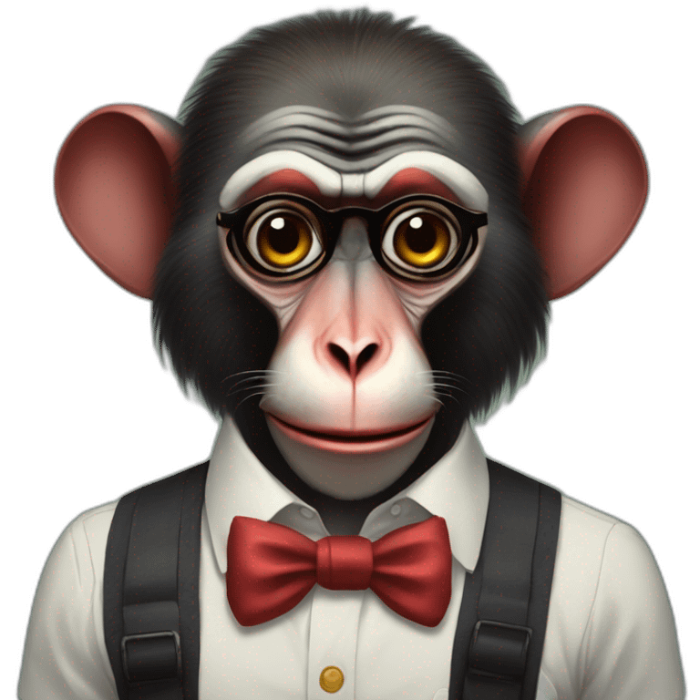 Portrait of a Mandrill with a human-like face wears a shirt and Suspenders in the shirt papillon like a clown emoji