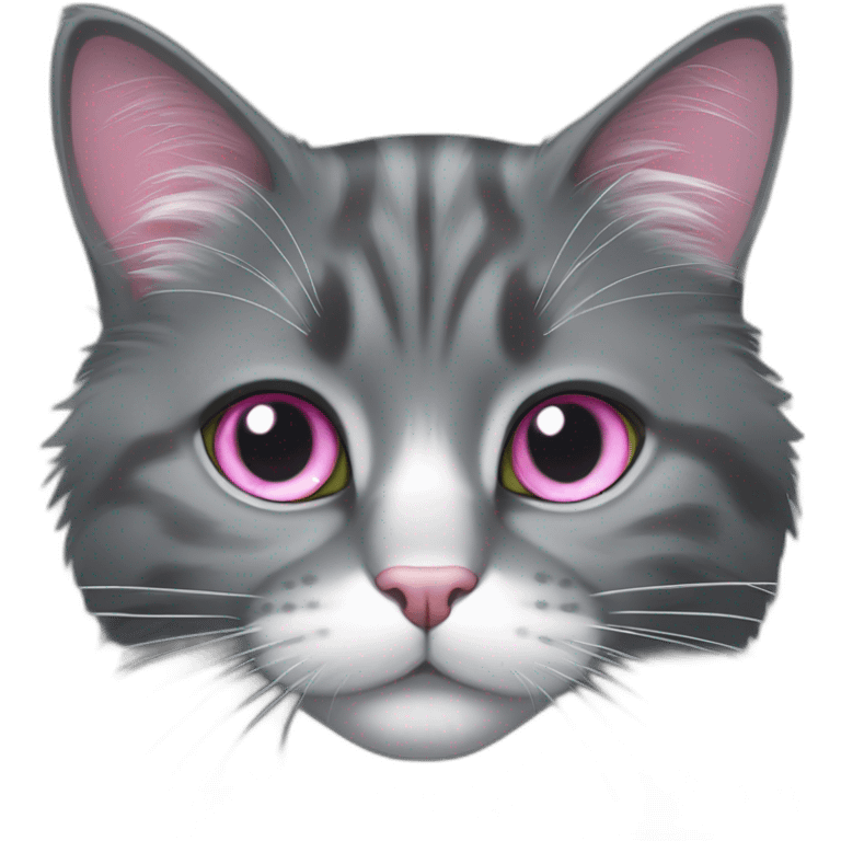 fluffy dark grey cat, pink nose, light lgreen eyes, white long whiskers, white spots near the nose, white breast, the cat's fur is soft. emoji